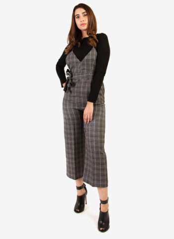 Girls Black And Grey Check Jumpsuit