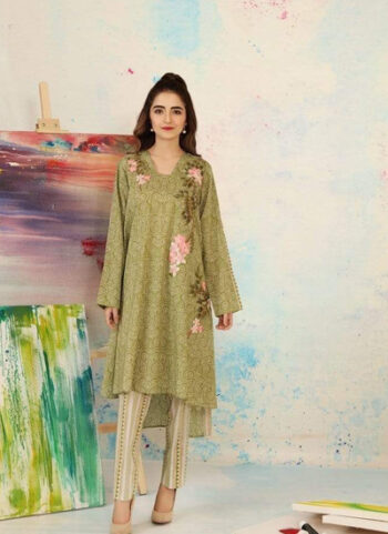 Embroidered Linen Dress With Printed Wool Shawl