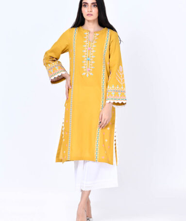 Yellow Kurti with Blue and Pink Embroidery