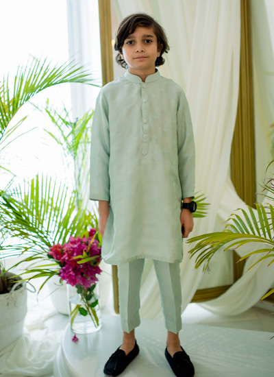 Mint Pure Silk Schiffli Kurta For Kids