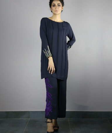 Navy Blue Pintex Top With Sleeves