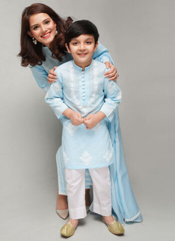 White Hand Blocked Pattern Blue Kurta