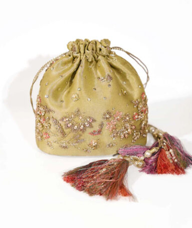 Olive Green Pouch Adorned With Gota