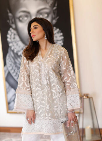 White Embroidered Organza Dress For Women