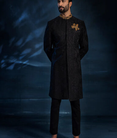 A Self Embroidered Black Classic Sherwani