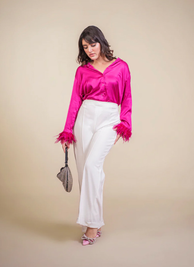 Fuschia Buttoned Top With Frilled Sleeve