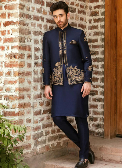 Korean Rawsilk Blue Princecoat For Men