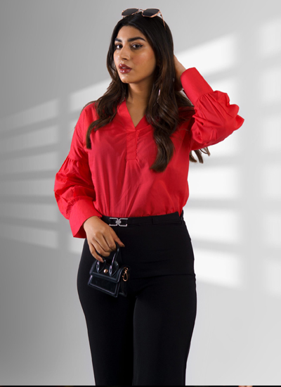 Red Shirt With Drop Shoulder & Gathered