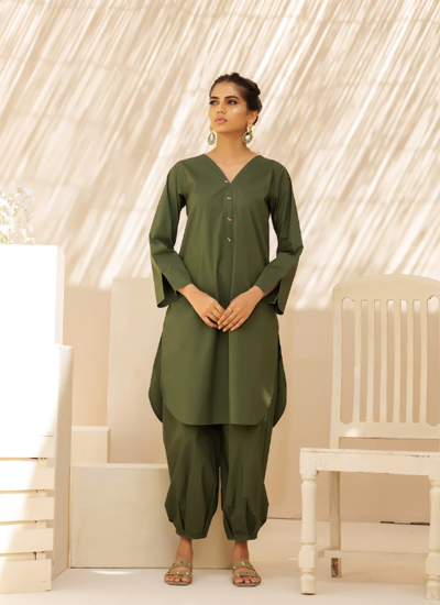 2PC Green Luxe Cotton Solid Stitched Suit