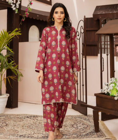 2PC Maroon Lawn Printed Stitched Suit