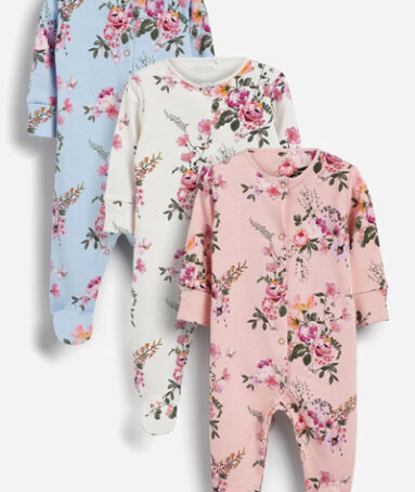 3 Pack Floral Baby Sleepsuits For Girls