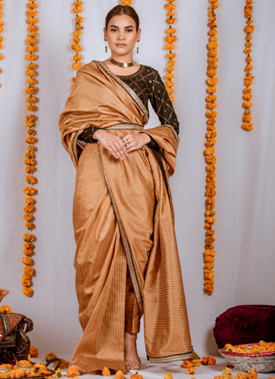 Gold Khaddi Silk Sari With Zigzag Gold