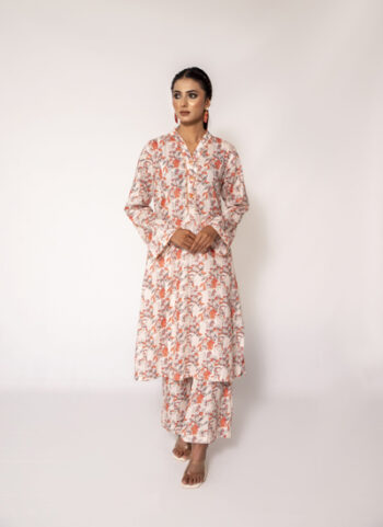 Orange Floral 3 Piece Lawn Dress