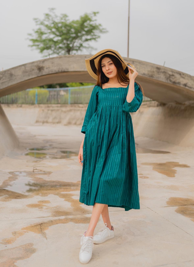 Sea Green Textured Lawn Pleated Frock
