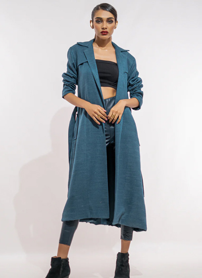 Tweed Outerwear 1 Piece Blue Overcoat