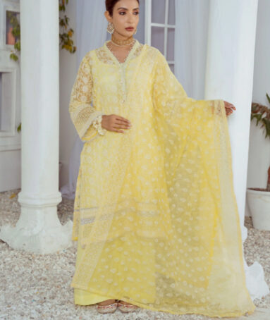 Yellow Crafted Three-Piece Fully Embroidered