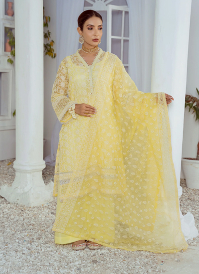 Yellow Crafted Three-Piece Fully Embroidered